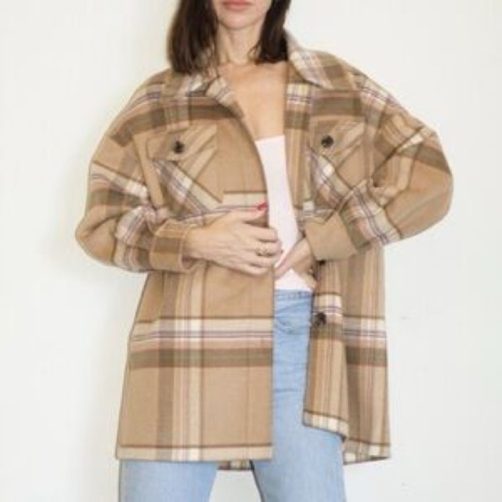 LNA Revolve Oversized Boyfriend Jacket in Camel Plaid XS/S Shacket Wool - Picture 2 of 6